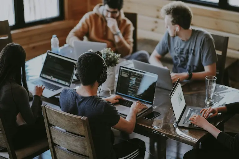 team working laptop